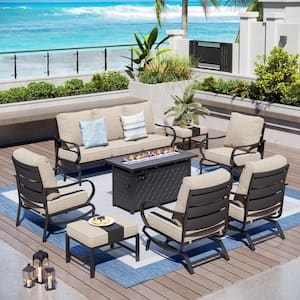 Metal 9 Seat 8-Piece Outdoor Patio Conversation Set with Beige Cushions, Rocking Chairs, Rectangular Fire Pit Table