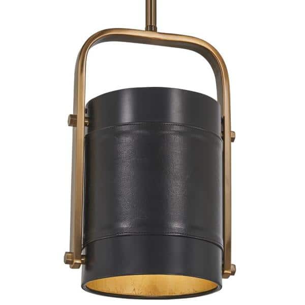 Aged Antique Brass and Black Leather Mini Pendant Light