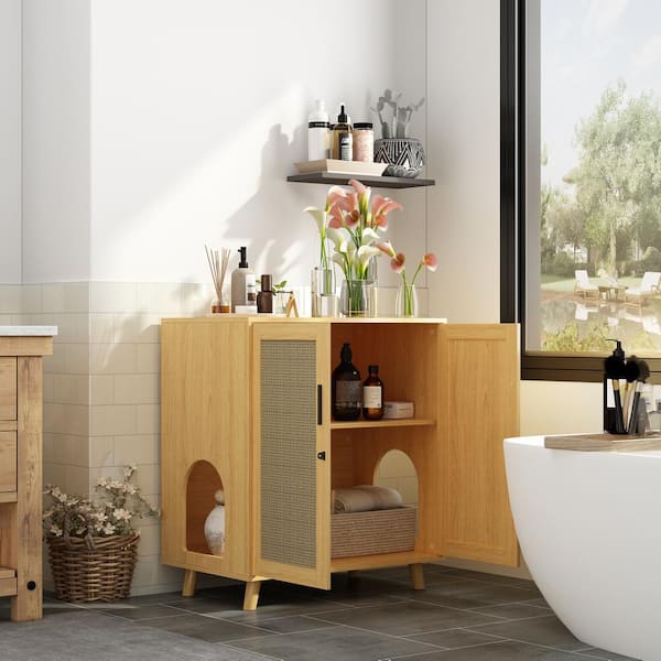 Cat Litter Box Enclosure with Lock Sisal Door, Modern Hidden Litter Box Furniture Cat Washroom Storage for Living Room