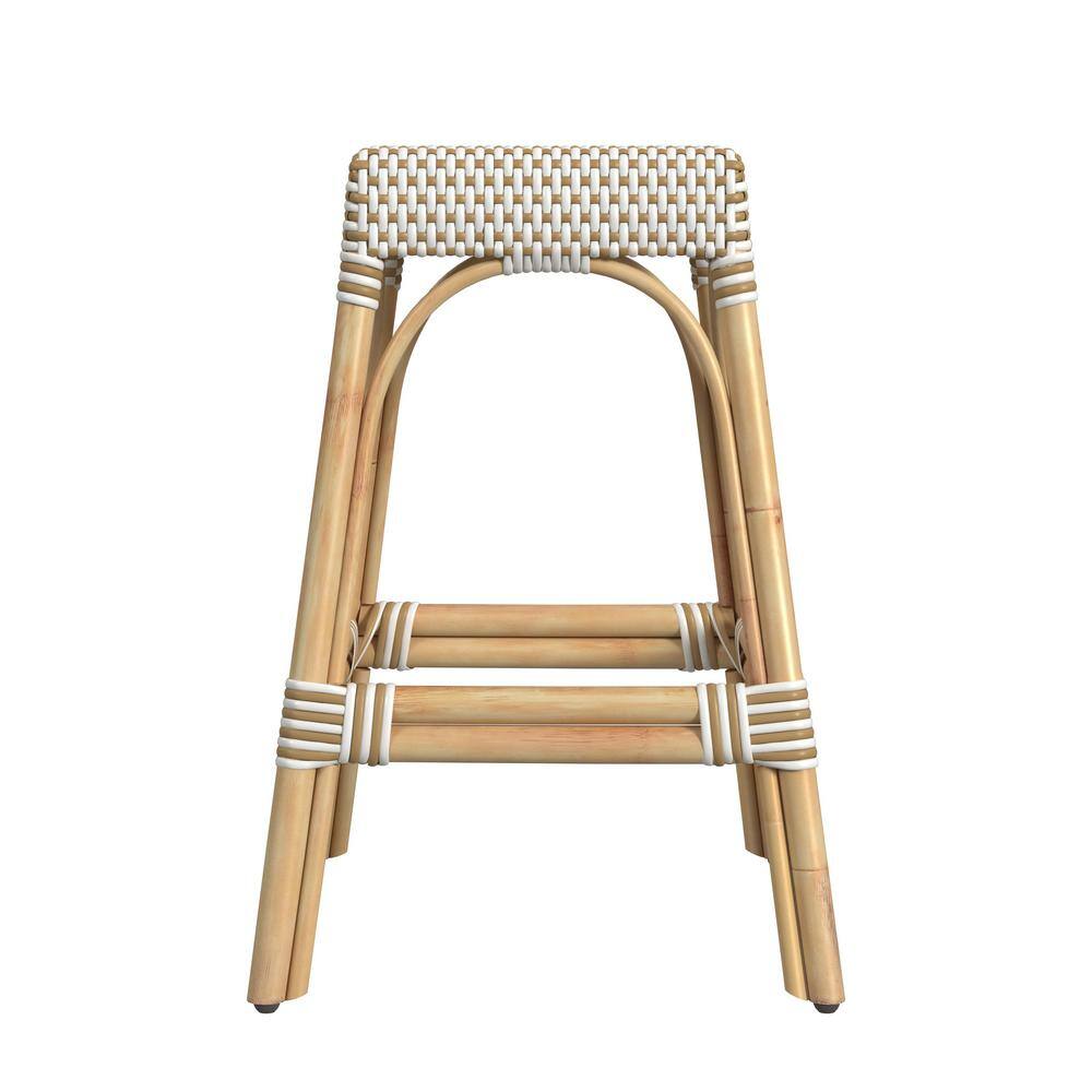 Robias 24.5" White and Tan Dot Rattan Backless Counter Stool