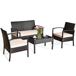 4-Piece Brown Wicker Outdoor Patio Furniture Set with Beige Cushion