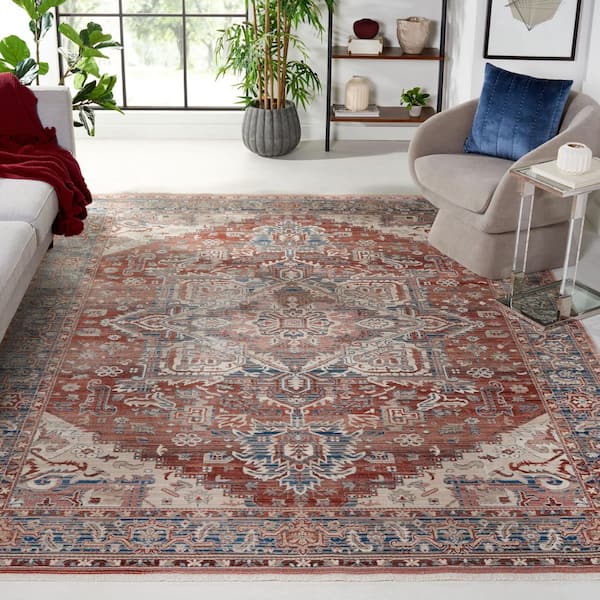 Vintage Persian 8 ft. x 10 ft. Rust/Navy Ornate Distressed Area Rug