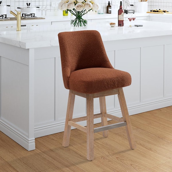 26 in. Stain Resistant Boucle Upholstered Counter Height Wood Frame Swivel Bar Stool in Rust Orange