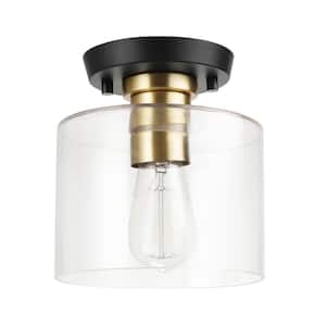 Polly 7 in. 1-Light Black Semi-Flush Mount Light with Brass Accent and Clear Glass Shade, Vintage Edison Bulb Included