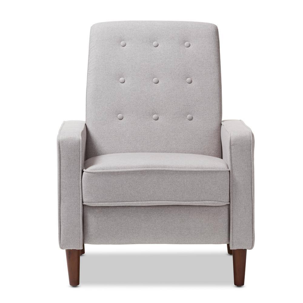 Light Grey Fabric and Walnut Wood Mid-Century Recliner