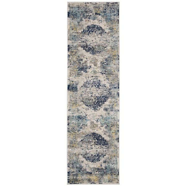 SAFAVIEH Madison Light Grey/Blue 2 ft. x 8 ft. Border Floral Geometric Medallion Runner Rug
