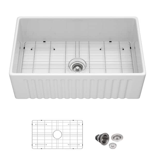 30 in. x 18 in. White Fireclay Apron Front Single Bowl Kitchen Sink Rectangular Ceramic Farmhouse Sink with Bottom Grid