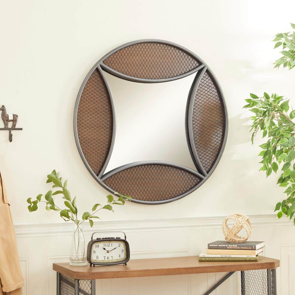 Brown Wood Industrial Round Wall Mirror 32"