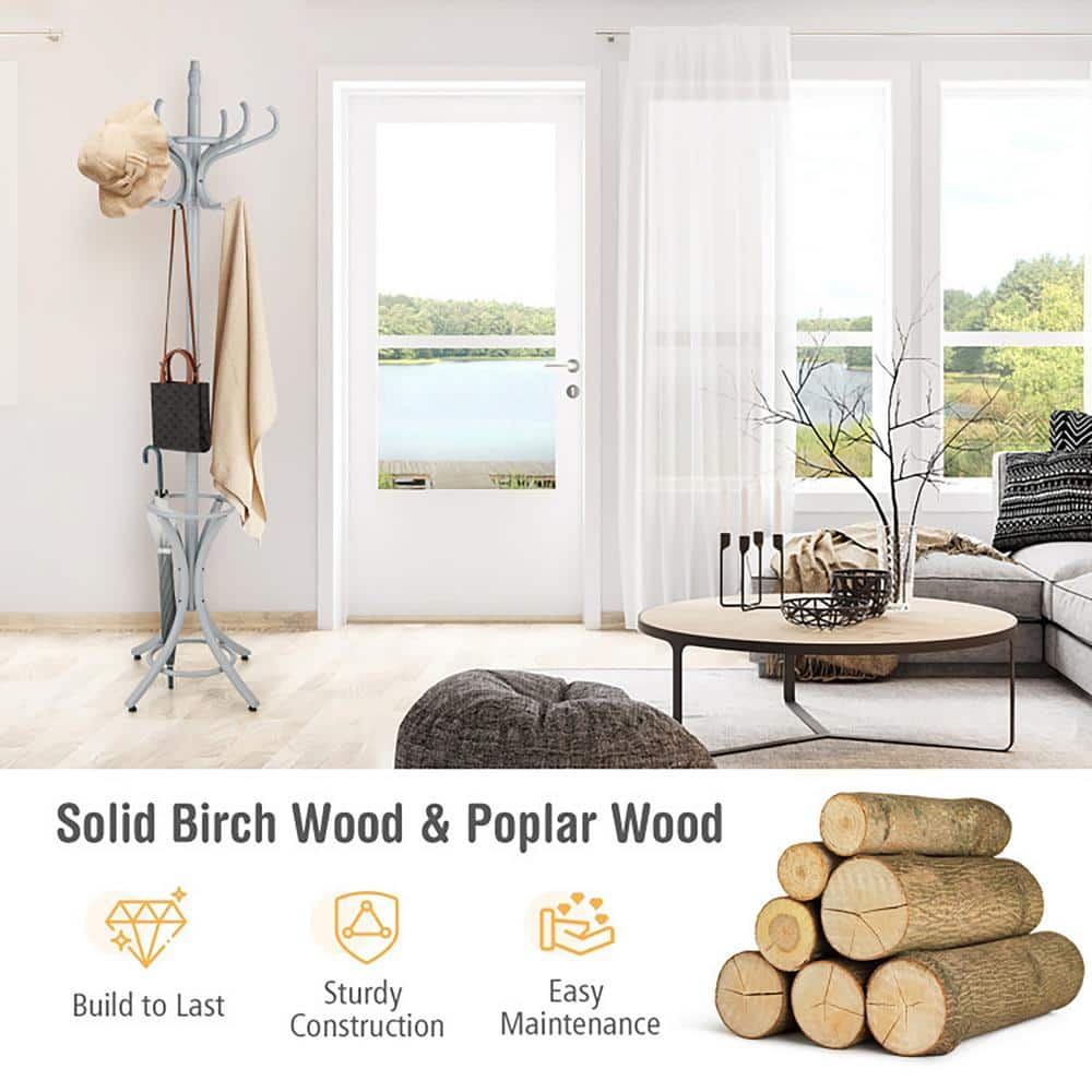 Gray Birch Wood Standing Coat Rack with Umbrella Holder