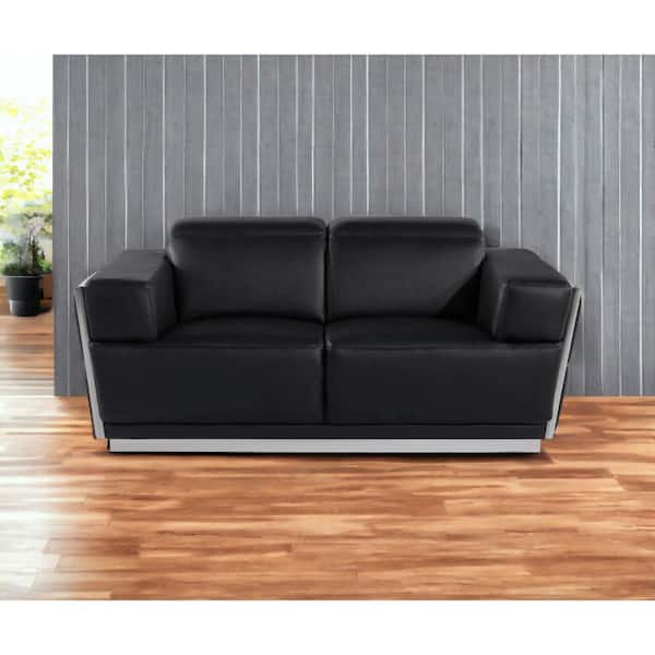 HomeRoots 70 in. Black Solid Leather 2-Seater Loveseat