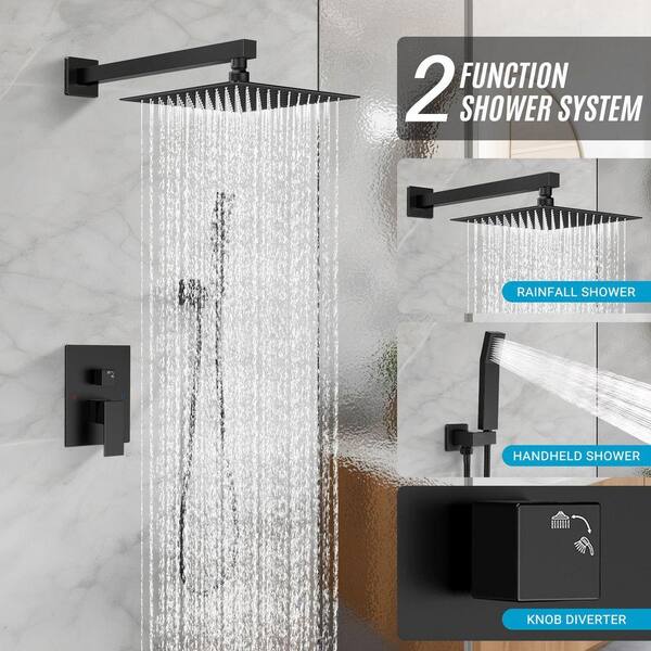 Black Shower Faucet Set – 8" Rainfall Shower Head & Rough-In Valve, Single Function, Metal Construction – Bathroom Rain Shower Trim Kit