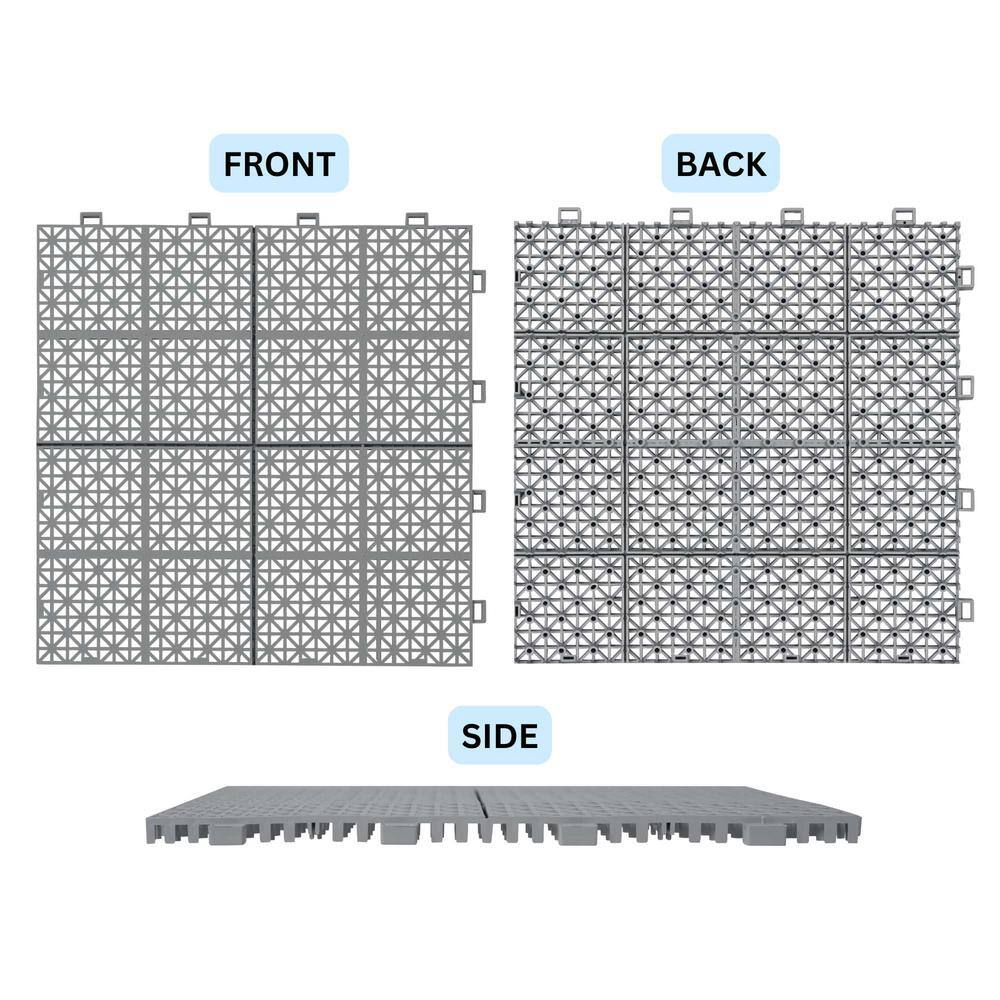 Gray 12" x 12" Plastic Interlocking Deck Tiles with Water Protection
