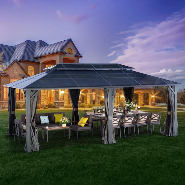 12 ft. x 20 ft. Light Gray Aluminum Hardtop Gazebo with Double Roof Canopy, Gray Curtains and Netting