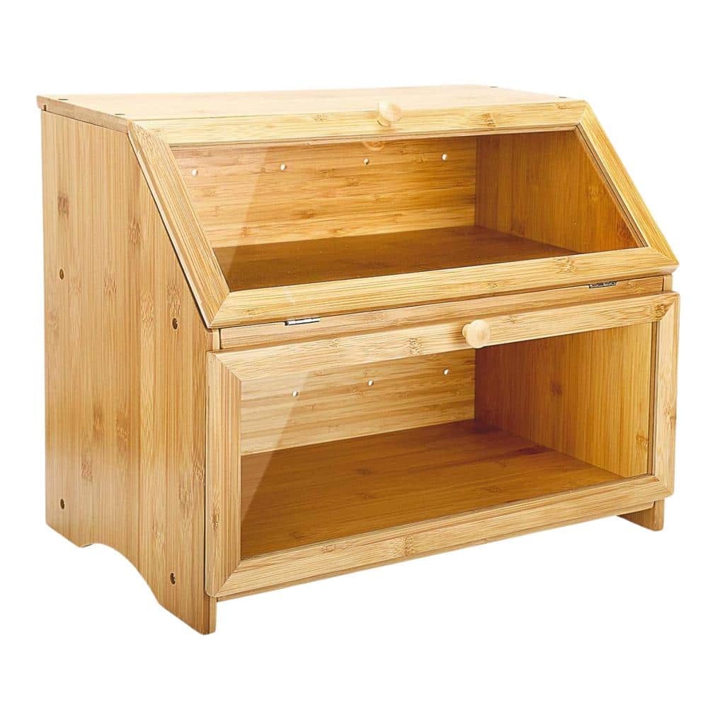 1 Piece Double Layer Bread Box for Kitchen Counter, Wooden Large Capacity B