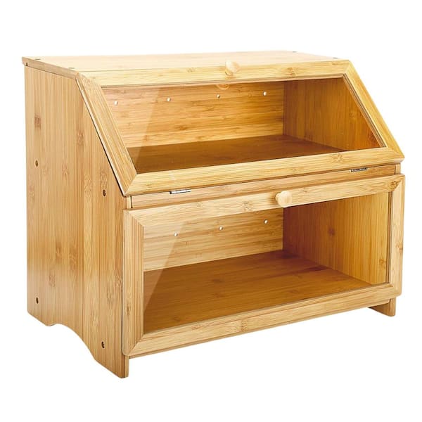 1 Piece Double Layer Bread Box for Kitchen Counter, Wooden Large Capacity Bread Storage Bin (Natural Bamboo)