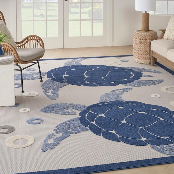 Aloha Navy Blue 8 ft. x 11 ft. Coastal Sea Turtle Botanical Indoor/Outdoor Patio Area Rug