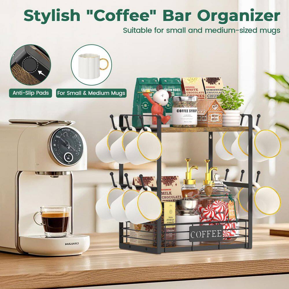 Brown-Black Mug Tree Double Tier Coffee Stand