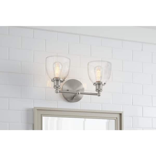 Evelyn 16.25 in. 2-Light Brushed Nickel Industrial Vanity with Clear Seeded Glass Shades