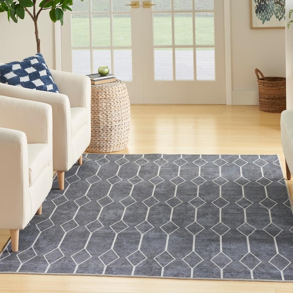 57 Grand Machine Washable Navy 6 ft. x 9 ft. Geometric Contemporary Area Rug