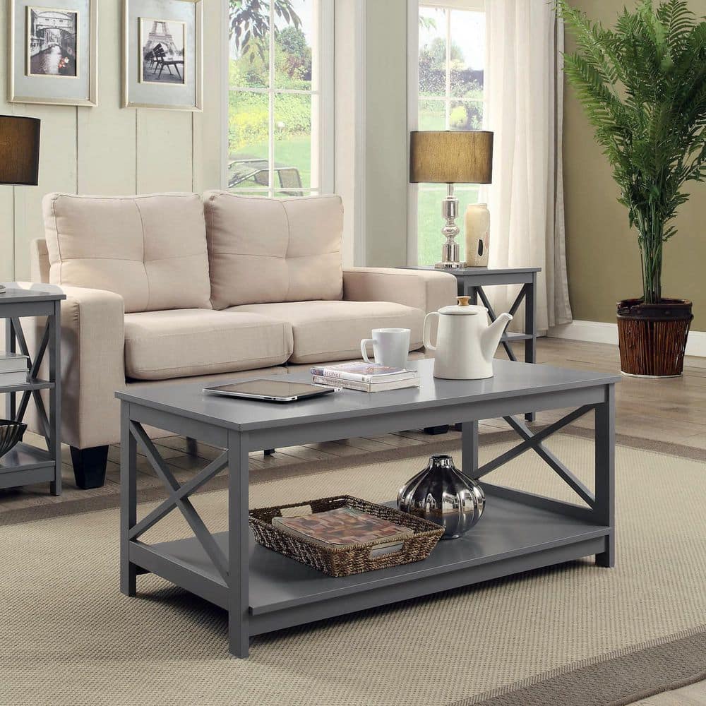 Coastal Farmhouse Gray Rectangular Wood Coffee Table with Shelf