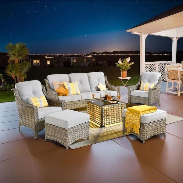 XIZZI Cristiano 6-Piece Wicker Patio Conversation Seating Sofa Set with Light Gray Cushions and a Led Table