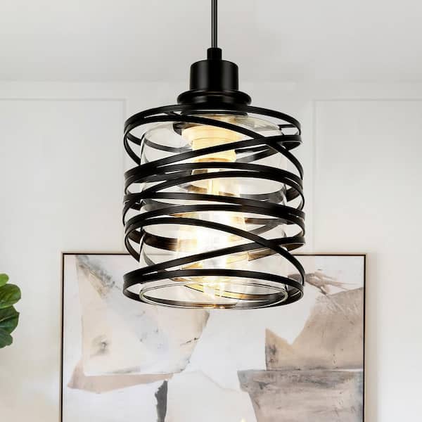 Henveton Jasslynn 60 Watt 1 Light Black Modern Pendant Light with Cylinder Clear Glass Shade for Living Room Foyer
