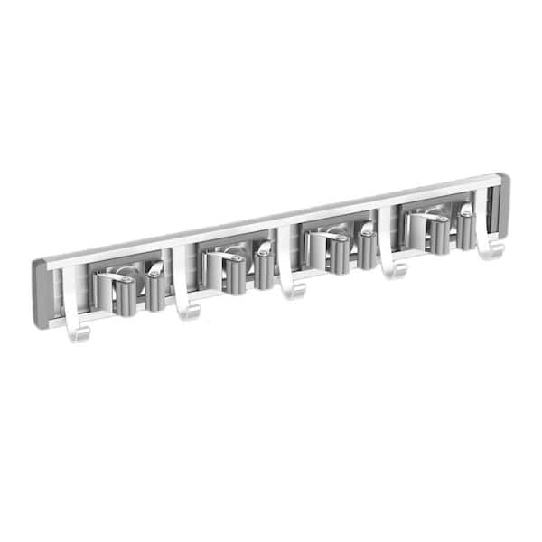 4-Racks and 5-Hooks Broom Holder Wall Mount Mop for Garage Storage Rack Kitchen Garden Tool Organizer, Silver (1-Pack)