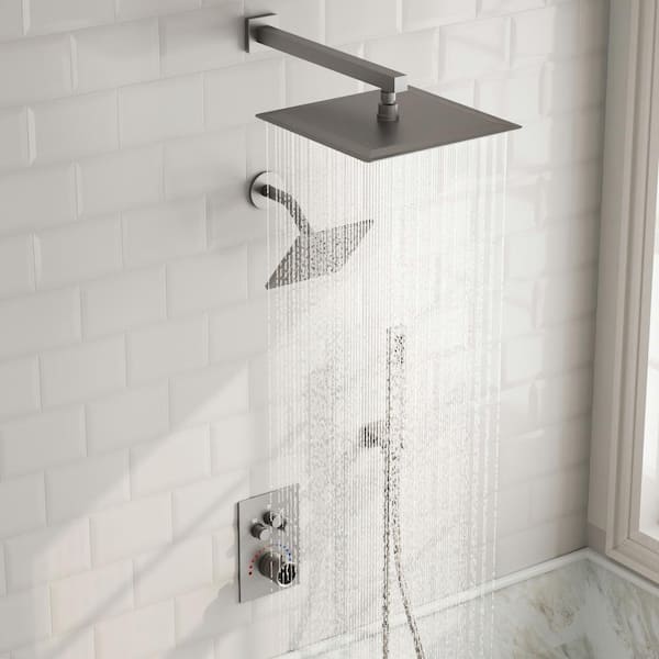 Multiple Press 12 in. Triple Handle 7-Spray Shower Faucet 2.5 GPM with Anti Scald in. Brushed Nickel Valve Included