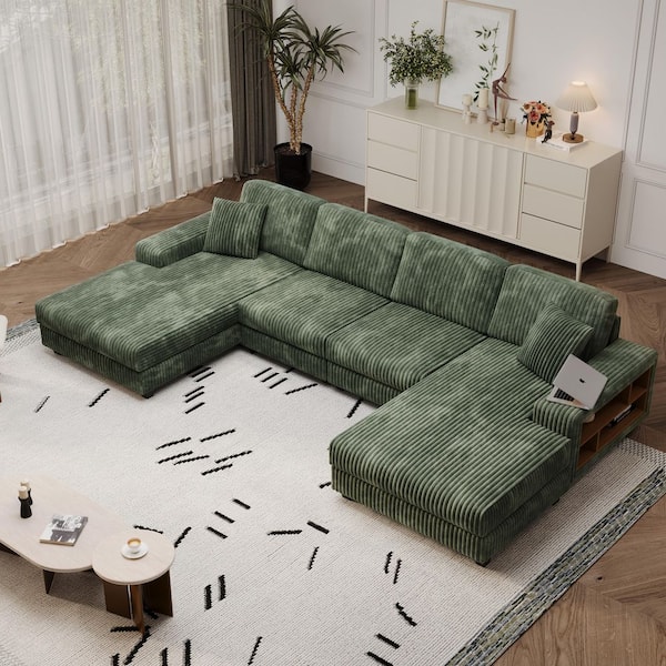 Raventon Modern 137 in. Square Arm Corduroy Fabric Upholstered U-Shaped Sectional Sofa in. Green with Storage Shelves
