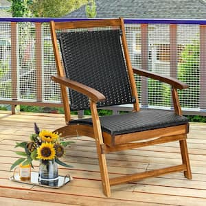 Patio Wicker PE Rattan Folding Lounge Chair with Acacia Wooden Frame Retractable Footrest