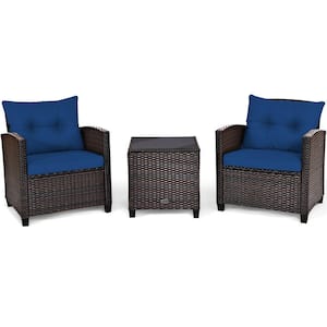 3-Piece Steel PE Wicker Outdoor Sofa Set Patio Conversation Set with Navy Cushions