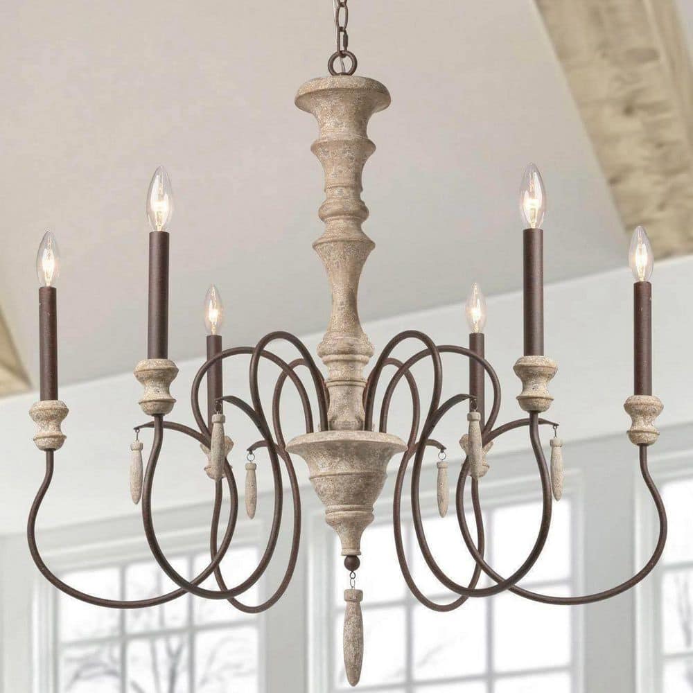 6-Light Aged Iron/Brown Candlestick Wood Chandelier French Country Farmhouse Antique Wood Hanging Light for Dining Room price history on PriceWatchPro