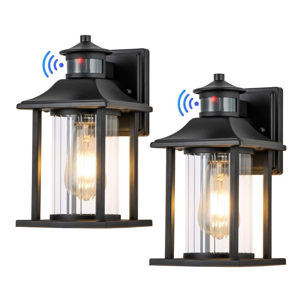 C Cattleya 1-Light Matte Black Motion Sensing Dusk to Dawn Non-Solar  Outdoor Wall Lantern Sconce with Clear Striped Glass (2-Pack) CA2238-2W -  The