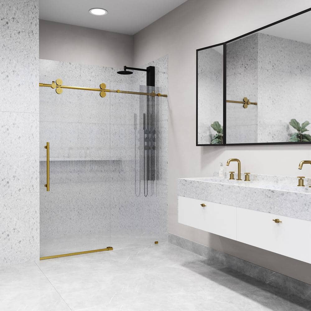 Matte Brushed Gold Frameless Sliding Shower Door with Fluted Glass