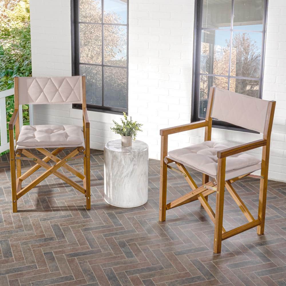 JONATHAN Y Waldo Classic Outdoor Acacia Wood Foldable Diamond-Quilted Back Director Chair with Cushion, Beige/Teak Brown (Set of 2)