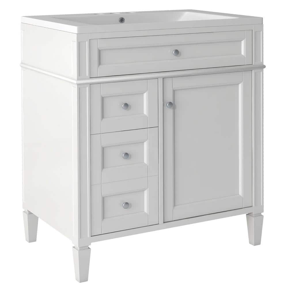 30 in. W x 18 in. D x 33 in. H Single Sink Freestanding Bath Vanity in White with White Resin Top and Tip-out Drawer price history on PriceWatchPro