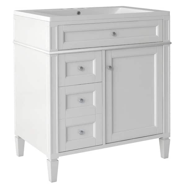 30 in. W x 18 in. D x 33 in. H Single Sink Freestanding Bath Vanity in White with White Resin Top and Tip-out Drawer
