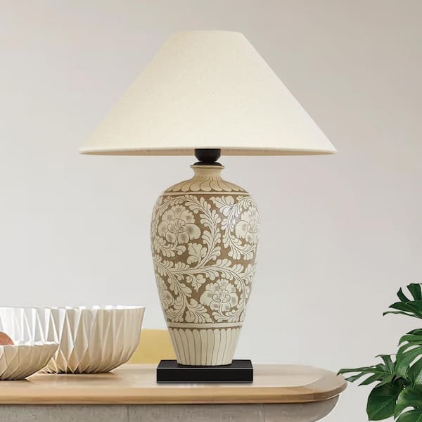 Deyidn Art Deco 23.2 in. beige Ceramic Modern Table Lamp with Natural Linen Shade