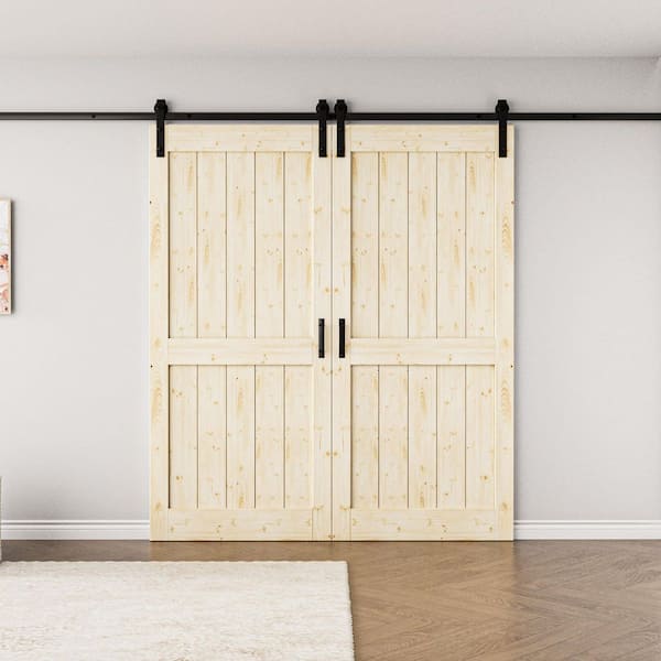 72 in. x 84 in. H Shape Panel Solid Core Unfinished Pine Wood Sliding Barn Door with Hardware Kit and Soft Close