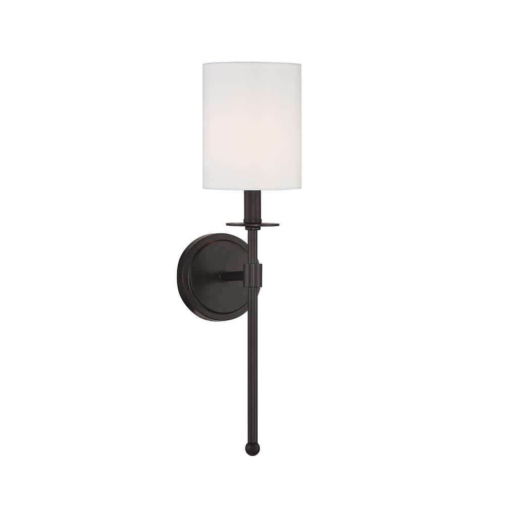 5 in. W x 20 in. H 1-Light Oil Rubbed Bronze Wall Sconce with White Fabric Shade -  Savoy House, M90057ORB