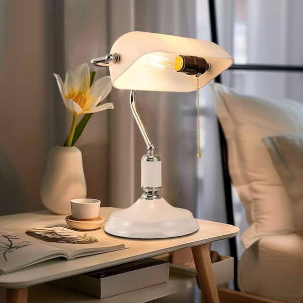 15 in. Silver Bankers Lamp with White Glass Shade and Pull Chain 350 Adjustable Desk Lamp Ideal for Home or Office Use
