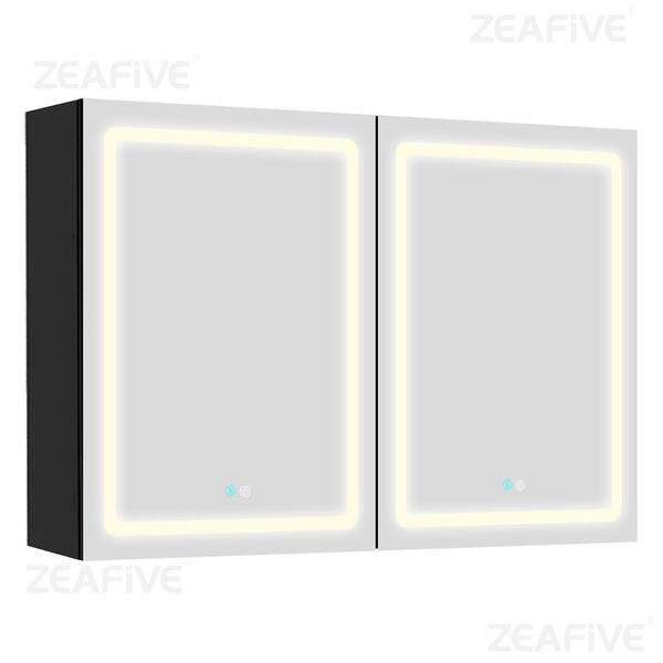Zeafive 40 in. W x 30 in. H Surface Mount Rectangular Black Aluminum Defogging Lighted Bathroom Medicine Cabinet with Mirror