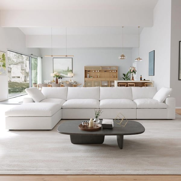 J&E Home 160 in. Square Arm 5-piece Velvet Modular Free Combination Sectional Sofa in. White with Ottoman