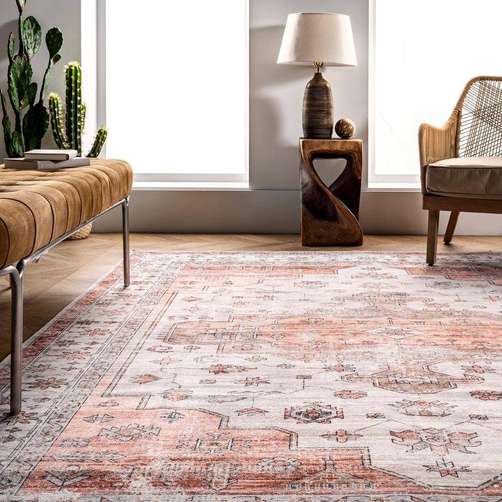 Beige and Coral Vintage Medallion Machine Washable Runner Rug