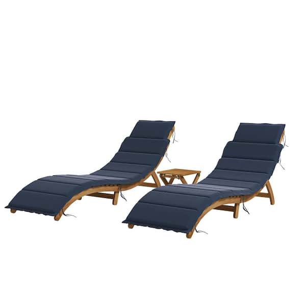 Sudzendf 3-Piece Wood Outdoor Chaise Lounge Set with Navy Blue Cushions and Table