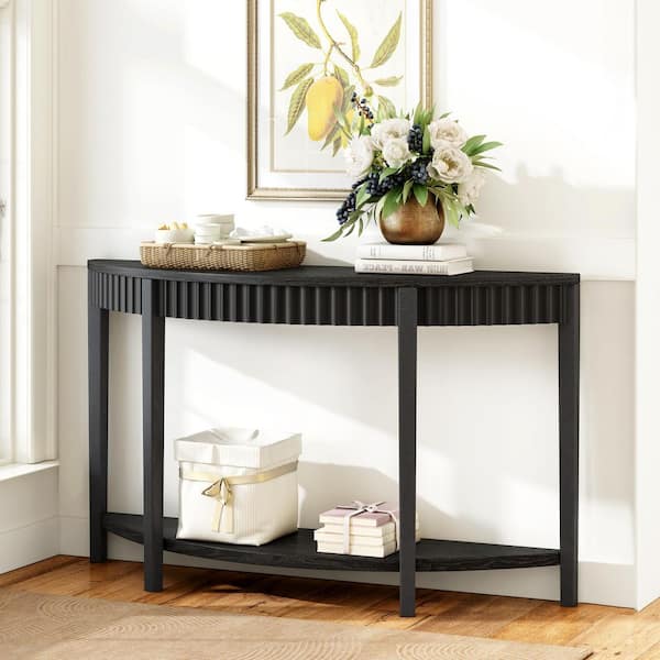 CHRISTOPHER KNIGHT HOME Sylvan Modern Elegant 55.1 in. Black Half-Moon Entryway Table MDF Console Table with Wood Veneer Finish, Open Shelf