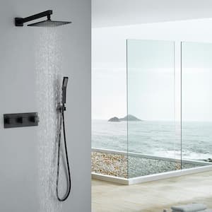 Modern Wall Mounted Shower Kit 1-Spray 10 in. Square Rain Shower Head with Hand Shower in Matt Black (Valve Included)