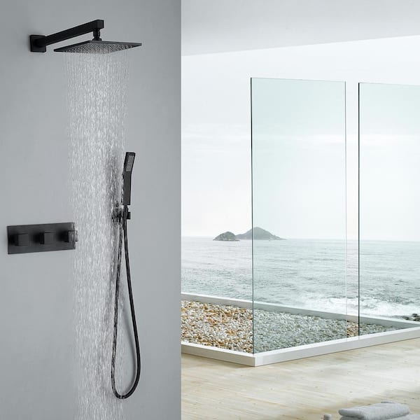 Flynama Modern Wall Mounted Shower Kit 1-Spray 10 in. Square Rain Shower Head with Hand Shower in Matt Black (Valve Included)