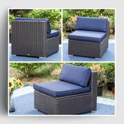 Dark Brown Rattan Wicker 6 Seat 8-Piece Steel Outdoor Fire Pit Patio Set with Blue Cushions and Rectangular Fire Pit