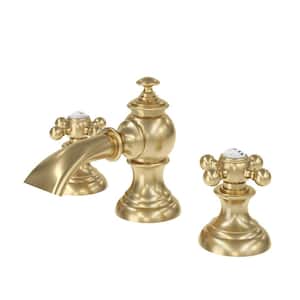 Modern Widespread Waterfall Style Deck Mount Lavatory Faucets F2-0013 With Pop-Up Drain in Gold With Metal Cross Handles